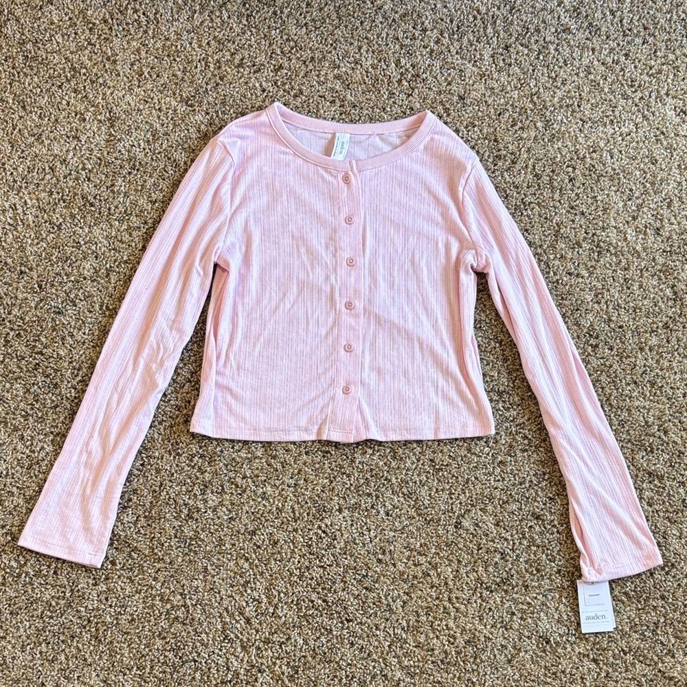 Auden Light Pink Ribbed Button-Up Long Sleeve Sleepwear Top Size XS